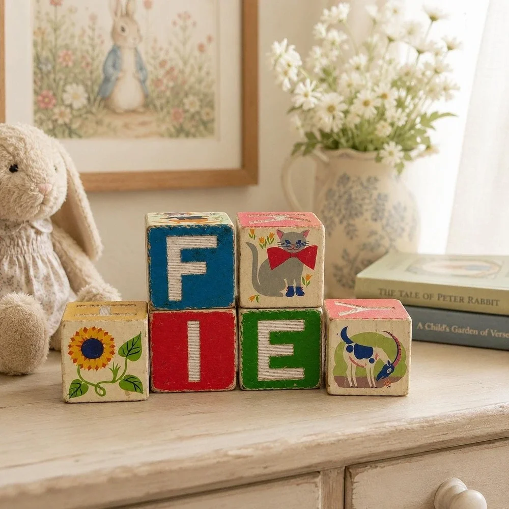 Vintage Wood Alphabet Blocks Set of 6 - 1950s Picture Cube Toys - Nursery Decor